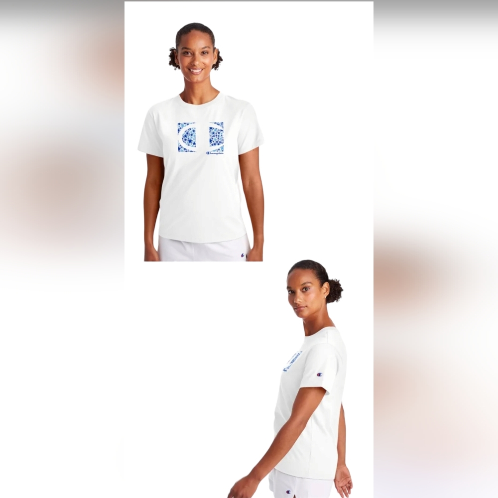 Champion Size 2X White Blue Stars Crew Neck Short Sleeve Logo T-Shirt